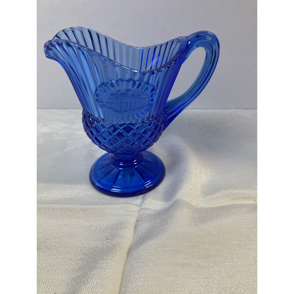 Vintage Cobalt Blue Glass Creamer Pitcher Pedestal Base Diamond Point‎ Ribbed
